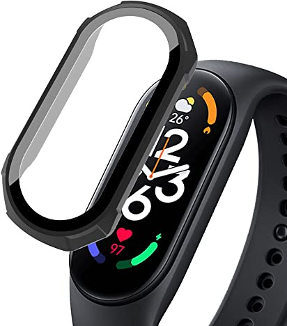 SeNool Funda Compatible con Xiaomi Mi Band 7, Carcasa Protectora con Cristal Templado Protector de Pantalla, [Dureza 9H] Protección Carcasa Compatible con Xiaomi Smart Band 7 - Negro