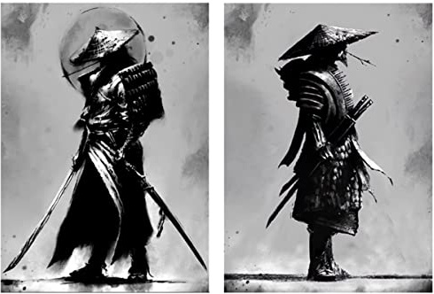 IUNTWEIE Japan Samurai Porträt Bilder Bushido Japanische Krieger Leinwandbilder Wandkunst Schwarzweiss Poster für Wohnzimmer Schlafzimmer Dekor ohne Rahmen (2x60x90cm)