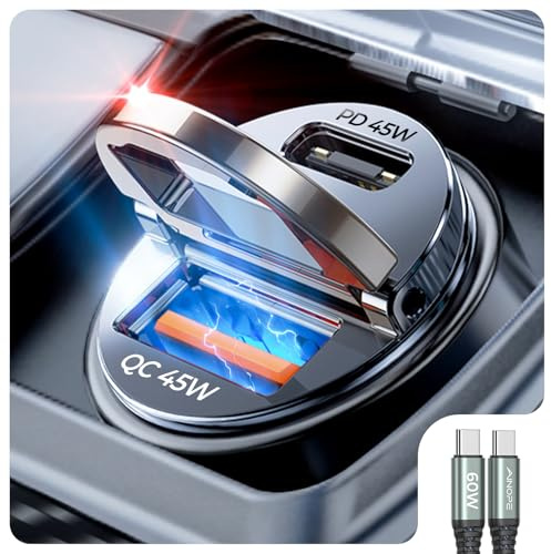 AINOPE 90W for iPhone 17/16/15 Pro Max Car Charger USB C Fast Chage, [Mini&Metal] Invisible Cigarette Lighter Adapter with 3FT USB C to C Cable, Car Accessories for Mother Him Her, Adapter for iPhone