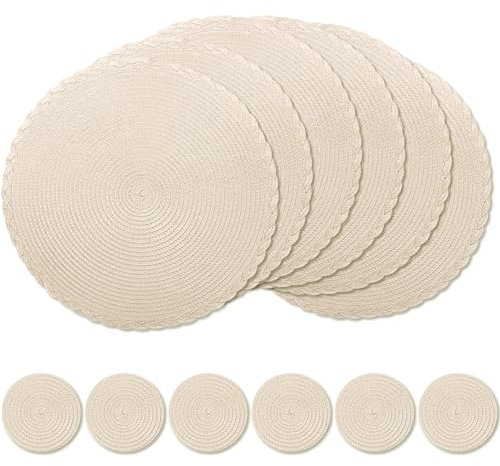 wiipara Round Woven Placemats Set of 6, 34 cm Kitchen Coffee Table Mats with Coasters Heat Resistant Wipeable Table Placemats for Dining Table, Home, Restaurant, Hotel, Cafes (Apricot)