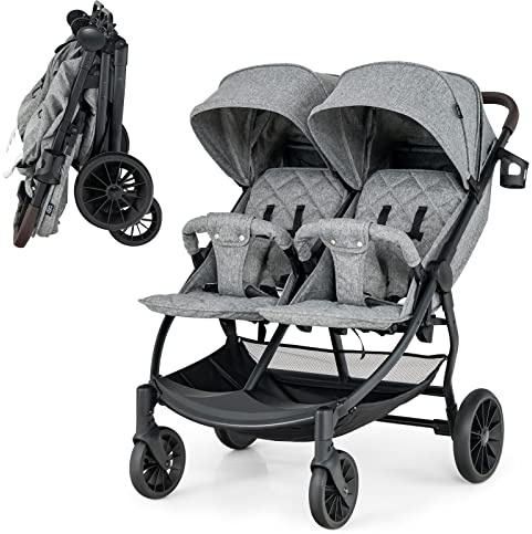 COSTWAY Passeggino Gemellare per Bambini, Passeggino Doppio Portatile Pieghevole con Schienale Regolabile, Tettuccio a 5 Livelli, Cintura a 5 Punti, Ruote 360°, Portata 15+15 kg (Grigio Chiaro)