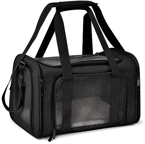 Lohofrnny Transporttasche Katze, Transporttasche für Katze Hund bis zu 5kg, Tragbar Faltbare Haustier Tragetaschen mit Schultergurt für Mittel Kleine Haustiere (Schwarz, 43x28x28cm)