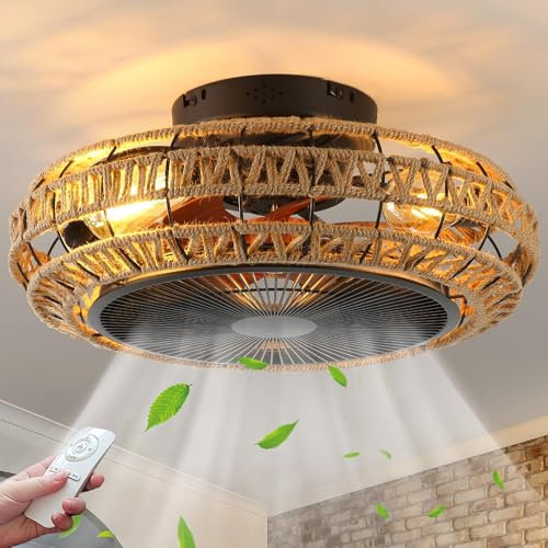 TRUYOK Deckenventilator mit Beleuchtung und Fernbedienung E27 Ventilator Deckenleuchte Vintage Gewebtes Hanfseil Käfig Schlafzimmerlampe Leise Fan Deckenlampe Wohnzimmer Esszimmer Küche Lüfter Licht