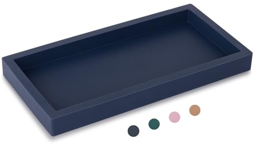 Rectangle Silicone Bathroom Vanity Tray Rectangular Soap Sponge Holder Organizer for Sink Lotion Bottles Perfume Jewelry Candle Keychain Dark Blue