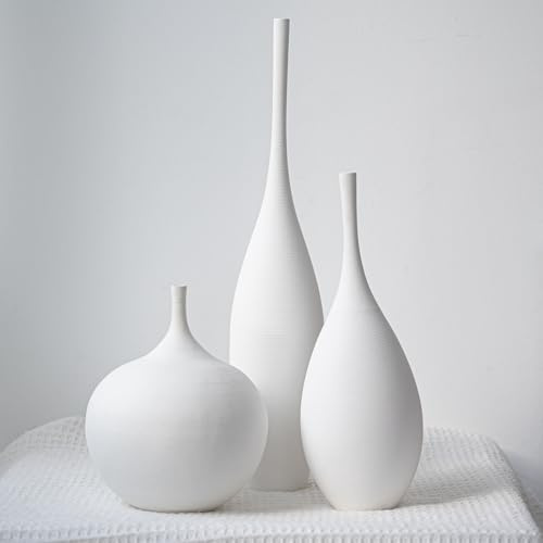 Relexome Vit keramisk vas modern boho Wabi-Sabi blomvas set med 3 dekorativa estetiska vaser för bordsuppsatser, pampas, matta, minimalistisk vas för vardagsrum, bordshylla, heminredning, mamma gåvor