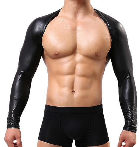 VOIV Männer Kunstleder Brustgeschirr Mesh Patchwork Dessous Harness Tops Langarm Latex Crop Top Sexy Club Party Schwarz Kostüme