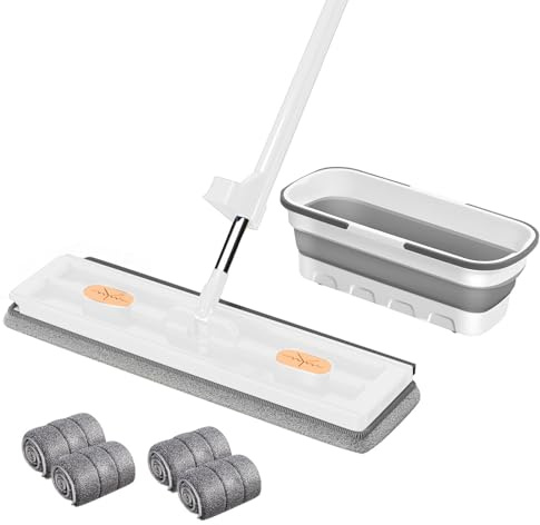 Kit Balai Serpillère et Seau, Grande Serpillière Plate avec Tampons en Fibre Super Absorbants et Utilisation Humide et Sèche, Compression Automatique de l'eau (Set, Blanc + Gris)