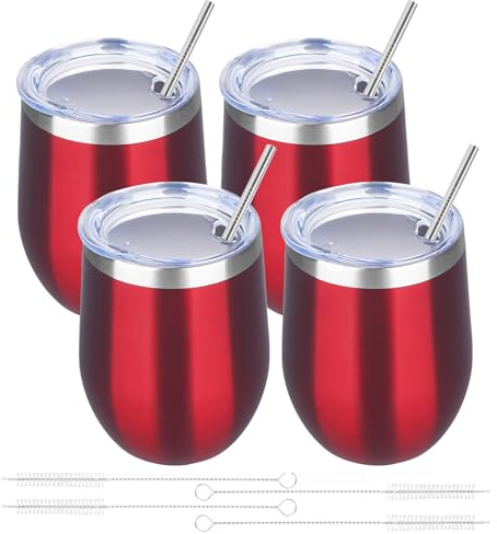 12oz/4 Pack Wine Tumbler Glasses with Lid Stemless Double Wall Vacuum Stainless Steel Travel Tumbler Keeping Cold & Hot for Wine,Coffee,Cocktails,Christmas Drinks-Family and Gifts (Red-4 pack)