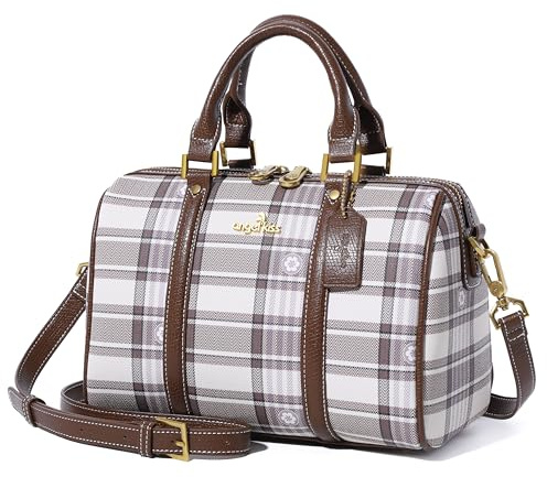 Angel Kiss Women Satchel Purses and Handbags Vegan Leather Boston Barrel Bag Top Handle Shoulder Purse with Crossbody Strap (Plaid Taupe)