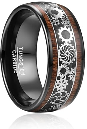 TUNGSTORY Wolfram Ring Herren 10mm Schwarz Steampunk Zahnräder Ring mit Holz Männer Ehering Größe 65(20.7)