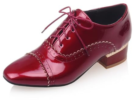 SHEMEE Chunky Heels Oxfords for Women Patent Leather Mid Low Heels Pumps Retro Wingtip Laced Brogues Shoes Red,Size 9.5