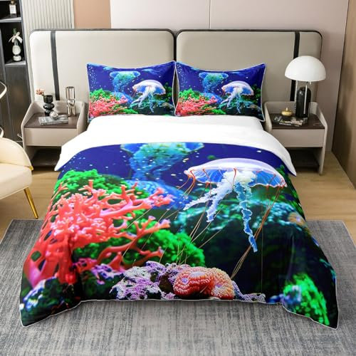 100% Bio Baumwolle Quallen Tröster Abdeckung 200x200,Ozean Nautische Bettbezug Hawaii Strand Bettwäsche Set für Kinder Jugend Erwachsene,Unterwasser Meer Tier Korallen Bettbezug Dekor