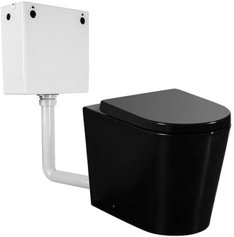 Robanmoa Matt Black Rimless Back to Wall Toilet and Concealed Cistern BTW Bathroom Toilets Ceramic WC Pan Soft Close Seat Modern Round Short Projection Compact Toilet WC