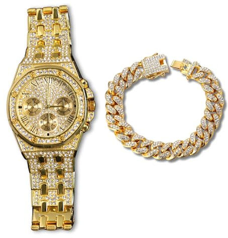 Genkigold Herrklocka med diamanter – åttakantig urtavla 38 mm med romerska siffror – 18K guld/platinapläterad 23 cm rem – japansk kvarts – lyxig juvel – kan kombineras med kubansk kedja, Guldklocka
