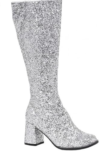 Golden Beads Damen Gogo-Stiefel – 1960er und 1970er Jahre Retro Glitzer Tänzerin Kostüm Heels Schuhe Stiefel, Silber Glitter, 38.5 EU