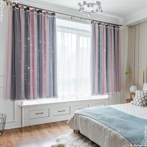 Beydodo Vorhänge Schlafzimmer 2er Set, Gardinen Haken Rosa Grau Lichtdurchlässig 86x115CM mit Sternen Motiv Farbverlauf Doppellagig Romantisch Vorhang Halbtransparent Polyester Kinderzimmer