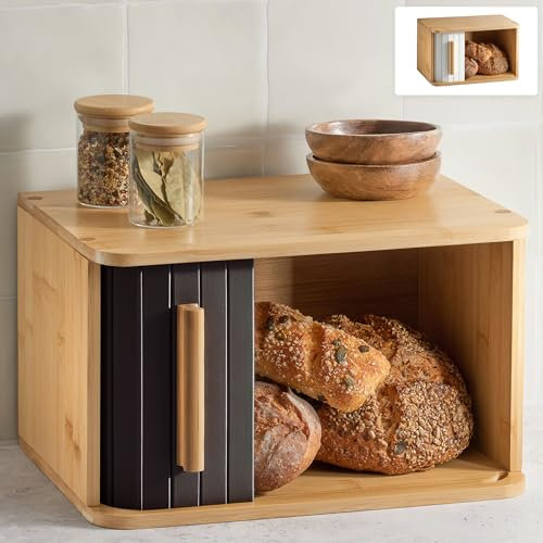 Panera de Madera Pequeña - Con Puerta Corredera – Panera Bambú FSC® para Guardar el Pan 33 X 23 Cm – Ahorra Espacio - Elegante Para Una Frescura Prolongada - Negro