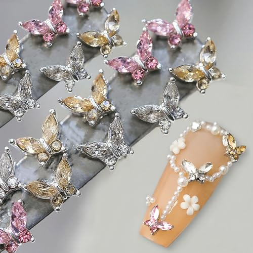 Mini Zirkon Schmetterling Nail Charms Y2K Weiß Champagner Rosa Strass Kristall Schmetterlinge Charms Nägel 3D Butterfly Design Nagelcharms Butterflies Nail Art Charm Nageldesign Nagel Zubehör