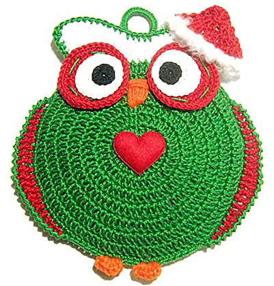 Presina di Natale ad uncinetto verde a forma di gufetto in cotone 15x17 cm (38NT) - Made in Italy