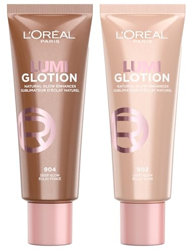 L'Oréal Paris Lumi Glotion Illuminante Liquido a Effetto Naturale per Viso e Corpo Fluido Idratante Colorato Multiuso Base Make-Up o Bronzer Tonalità 904 Deep Glow + 902 Light Glow - 2 Flaconi da 40ml