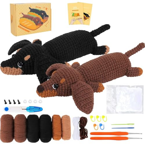 RANJIMA Häkelnadel-Set für Anfänger,Tiere Häckeln Stricken mit Anleitung,Komplettes Häkelset Dackel Hund,Starter Häkeln Tiere Set mit Häkelnadeln,Garn,Füllung,Kreativ Hunde Strickset für Geschenk