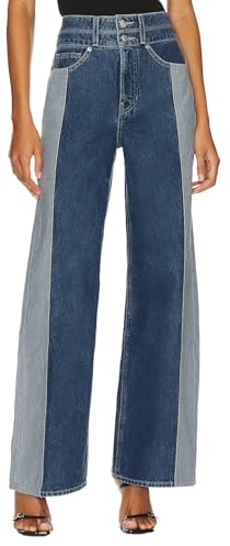 D-Sun Women Wide Leg Jeans Patchwork High Rise Straight Leg Denim Pants Casual Color Block Y2K Jean Trousers with Pockets Blue