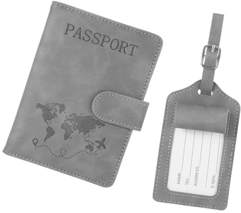 Pu-Leder Reisepasshülle und Kofferanhänger, Tragbare Passport Hülle mit Rfid-Blocker, Passport Cover, Reisepass Hülle mit Gepäckanhänger, Passport Holder für Kreditkarten Pass Reiseutensilien(Grau)