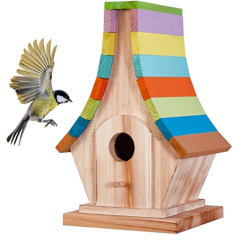 CLACKIBUKVYZ Handgefertigtes Vogelhaus aus Holz mit buntem Dach, ideal als Gartendekoration im Freien