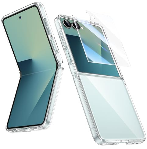 HWeggo Funda para Samsung Galaxy Z Flip 7, Clear Slim con Protector de Pantalla Exterior, Parte Trasera de PC Duro Ultra-Fino y Bordes de TPU Suave, Elegante Funda Protectora Anti-Rayaduras (Clear)