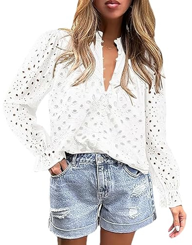 amropi Femme Chemise Dentelle Brodé Chemisier Col V Bouffant Manches Longues Blouse Bouton Été Hauts Blanc, XL