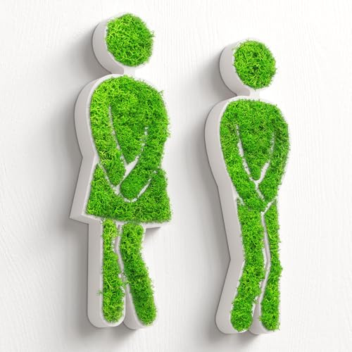 MOOSWERK Toilettenschild Set in Weiß | Witzige WC-Beschilderung mit Moos für Damen & Herren | Stilvolle Türdeko fürs Bad | Nachhaltige Wandkunst für Gäste-WCs und Toiletten