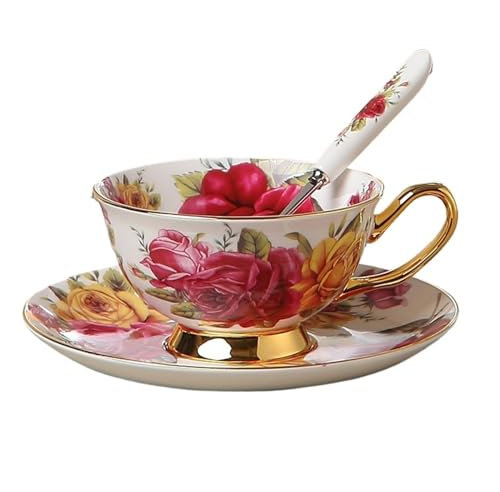 GSCLZ Juego de Taza de té de Porcelana de Hueso con Forma de Rosa Pastoral, platillo y Cuchara, Taza de café de Porcelana de 200 ml, Taza de té de cerámica con diseño Floral