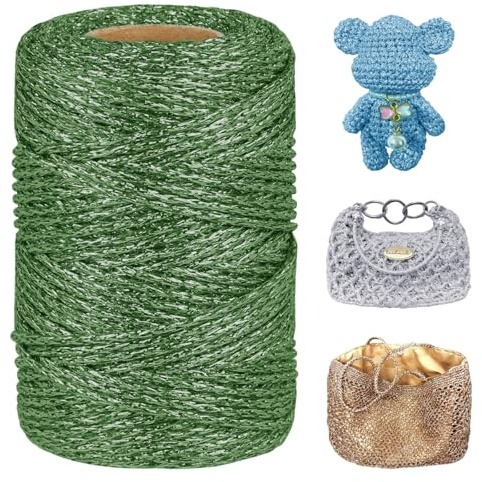 LEREATI Metallic Häkelgarn 3mm x 100m Makramee Garn zum Häkeln & Stricken Glitzergarn Polyester Garn für Handtaschen Hut Korb Häkeln, DIY Bastelarbeiten (Grün)
