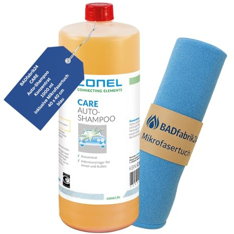 BADfabrik24 CARE Auto-Shampoo Konzentrat 1L – Mit Wasser verdünnbar – Lackschonende Fahrzeugpflege für PKW & LKW – Inkl. Mikrofasertuch
