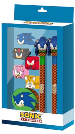 Karactermania Sonic The Hedgehog Greenhill Sonic-Confezione di Penna a Gel Cancellabile + Matita Eterna + 5 Gomme + Temperamatite, Blu, 14 x 23 cm