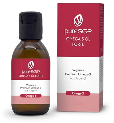 pureSGP® Omega-3 Öl FORTE [100 ml]: Höchstdosiert, rein und pflanzlich - 2.123 mg Omega-3 pro Tag, 3.700 mg Algenöl mit DHA und EPA. Angereichert mit Vitamin D3 und Olivenöl. Feiner Zitronengeschmack.