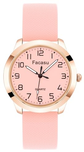 Facasu Analog Watch for Girls Ladies,Waterproof Simple Casual Luminous Dial Quartz Watch with Comfortable Soft Strap Easy to Read for Teen Girls Student Ages 12+(Pink)