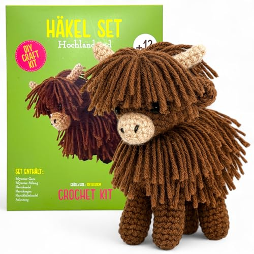 MIJOMA Häkelset Tiere für Anfänger & Fortgeschrittene – DIY Amigurumi Häkel Kit mit Anleitung, Wolle, Nadeln & Zubehör – Häkelpaket Kinder & Erwachsene (Hochlandrind (20x14x10cm))