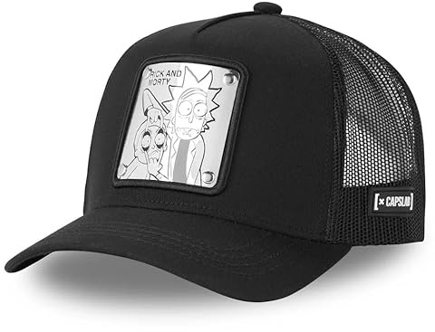 Capslab Rick and Morty Trucker-keps | Frontlapp, en storlek för vuxna, tryckknapp, böjd skärm, andningsbar | Svart nät och framsida | Herr- och damkeps i lastbilsstil