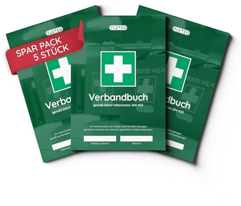 FLEXEO Verbandbuch | 36 Seiten | DIN A5 | Unfallbuch zur Dokumentation von Unfällen | Gemäß DGUV 204-020, aktuelle Version | Für Arbeit, Betriebe, Büro, Kindergarten, Kita, Schule | 5 Stück