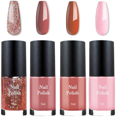 4PCS Glossy Nagellack Schnelltrocknend Set - Rose Orange Style Nagellack Glitzer - Haltbarer Nail Polish Schnell trocknend - ohne UV Lampe für Frauen DIY Nail Art Home
