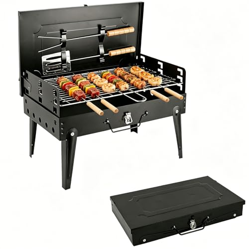 KIRJAUDU Barbacoa Portátil Plegable de Carbón, Pequeña Barbacoa Camping con Parrilla Regulable en 3 Niveles, Barbacoa Carbon para Terraza, Jardín, Excursiones y Viajes en Coche