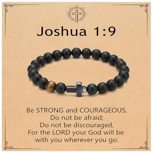 Men’s Cross Bracelet with Elastic Rope,Easter Basket Stuffers Gifts For Men,Natural Stone Beaded Bracelet with Stainless Steel Cross,Black Agate & Tiger Eye, Religious Fashion Jewelry for Men/teen