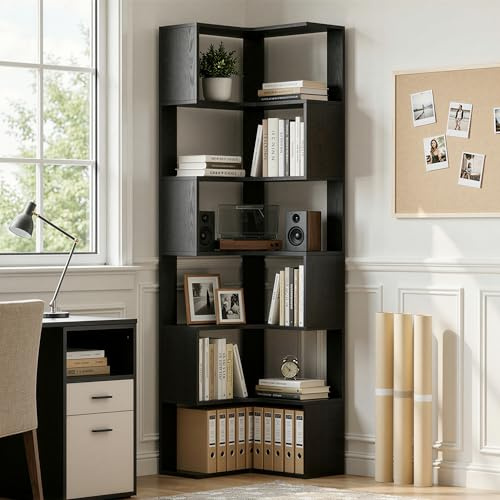 IRONCK Bücherregal 6 Ebenen Eckregal 204cm Hoch L-förmiges Standregal mit Schutzleiste, Holz offenes Regal & Aufbewahrungsregal für Wohnzimmer, Büro, Schlafzimmer, Schwarz