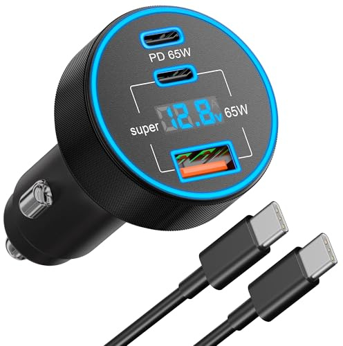 130W Zigarettenanzünder mit LED Voltmeter 3-Port KFZ Ladegerät Typ-C Kabel | USB-C USB-A Auto Ladegerät 1M Ladekabel 12V Adapter Handy Schnellladegerät Car Charger für iPhone 17 16 15, Samsung, Android
