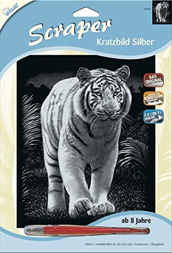Mammut 136040 Kratzbild Motiv Tiger, silber, glänzend, Komplettset mit Kratzmesser und Übungsblatt, Scraper, Scratch, Kritzel, Kratzset für Kinder ab 8 Jahre