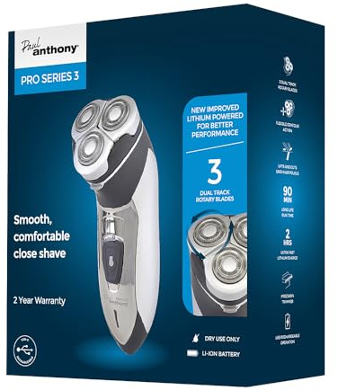 Paul Anthony Pro Series 3 Titanium Mens Cordless Lithium USB Rotary Shaver / 3 Titanium Steel Flexible Heads / 90 Minute Usage/Washable Head/Comfortable Rubberised Grip - Black - H5010BK
