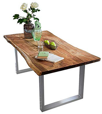 SAM Baumkantentisch 200x100 cm Quarto, nussbaumfarbig, Esszimmertisch aus Akazie, Holz-Tisch mit silber lackierten Beinen