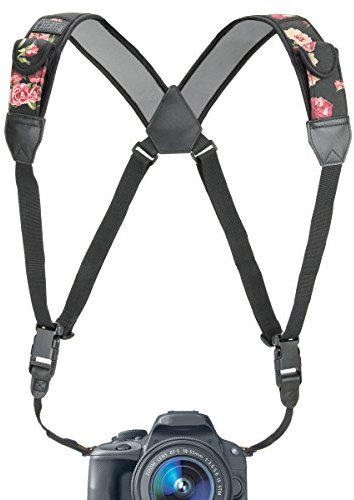 USA Gear DSLR Camera Strap Chest Harness with Quick Release Buckles, Floral Neoprene Pattern and Accessory Pockets - Compatible with Canon, Nikon, Sony and More Point and Shoot, Mirrorless Cameras