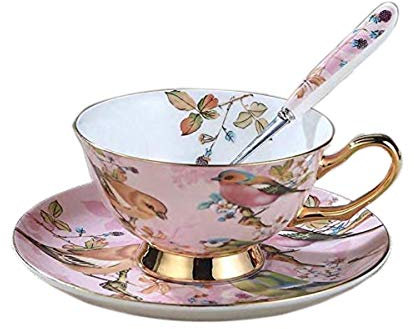 Eplze YBK Tech Euro Style Cup& Saucer Set, Bone China Teacup Coffee Cup for Breakfast Home Kitchen- Birds and Trees Patterns (Light Pink)